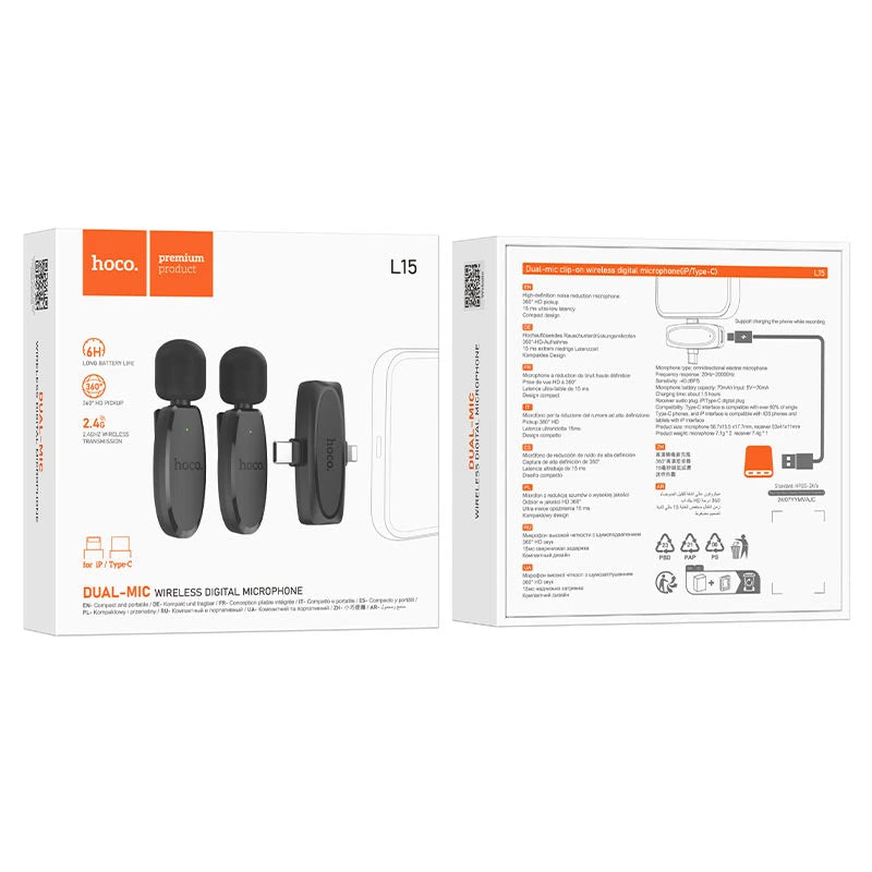 2 Micrófonos Inalámbricos Hoco L15 Crystal iP+Type-C